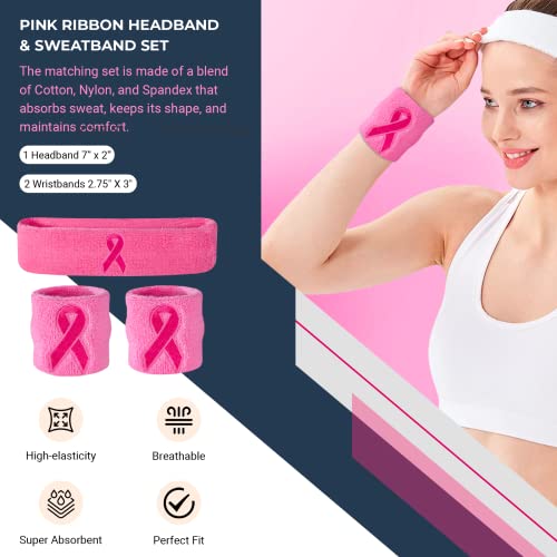Suddora Sweatbands Set, Moisture Wicking 2 Wristbands and 1 Headband, Breathable Terry Cloth Athletic Bands for Basketball, Tennis, Yoga, Gym, Sweat Bands for Costumes and Cosplay - color: Pink Ribbon