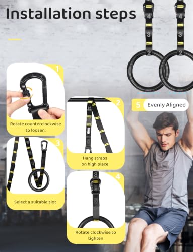 GHB Gymnastic Rings Gym Rings 1.1" Olympic Rings Adjustable Straps Pull Up Rings Sets for Workout Bodyweight Fitness Training