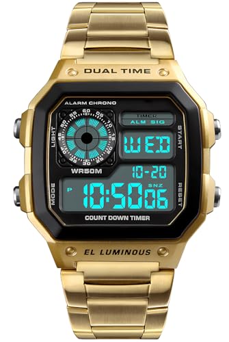 PASOY Men's Digital Sport Watch Waterproof Dual Time Stopwatch Countdown - color: Gold