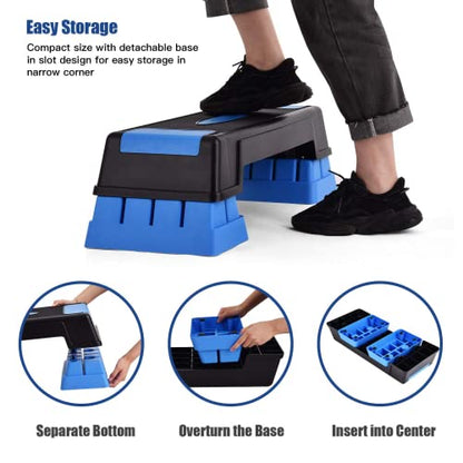 Happytools 28'' Aerobic Stepper, 5’’ 7’’ 9’’ Levels Height Adjustable Fitness Step Trainer, Exercise Step Platform w/Risers & Non-Slip Foot Pads for Home Gym Cardio Strength Training