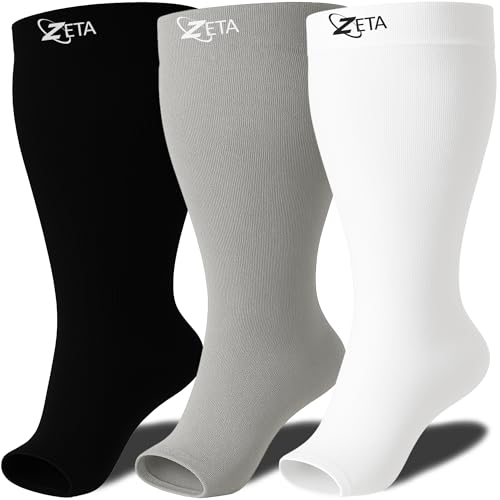 Zeta Wear Plus Size Compression Socks for Women and Men, Wide Calf Knee-High 15-19 mmHg Graduated Support, Easy-On Cuff, Fits Calves to 26 inch / 66 cm - color: 3 Pair - Black/White/Gray, size: 2XL