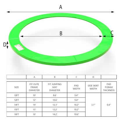 Trampoline Pad 10ft 12ft 14ft 15ft 16ft Trampoline Replacement Safety Pad, Waterproof and Tear-Resistant Safety Spring Cover Round Frame Pad, Trampoline Pad Replacement - color: Green, size: 16FT