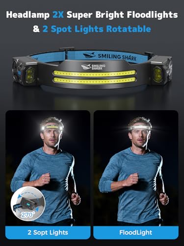 Smiling Shark TS-2 Headlamp, Dual Spotlight with Floodlight & Strobe LED Head Torch Rechargeable 2400mAh Long-Lasting Hands-Free Design for Camping Hiking Running Jogging (1 Pack) - style: 1 PACK