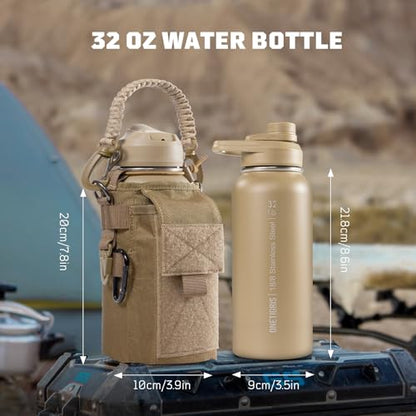 ONETIGRIS 32oz Insulated Tactical Water Bottle with Straw & MOLLE Sleeve - color: Brown