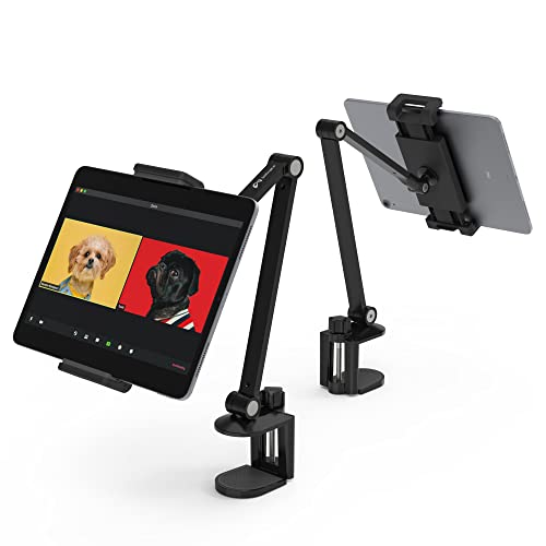 iPad Desk Mount, Adjustable Tablet Holder Clamp, 360 degree Rotation, Sturdy Aluminum Tablet Arm Mount for 4.7"-13" iPad Pro/Air/Mini, iPhone, Galaxy Tab, for Kitchen, Work, Video Call(Black) - color: Black