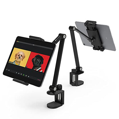 iPad Desk Mount, Adjustable Tablet Holder Clamp, 360 degree Rotation, Sturdy Aluminum Tablet Arm Mount for 4.7"-13" iPad Pro/Air/Mini, iPhone, Galaxy Tab, for Kitchen, Work, Video Call(Black) - color: Black
