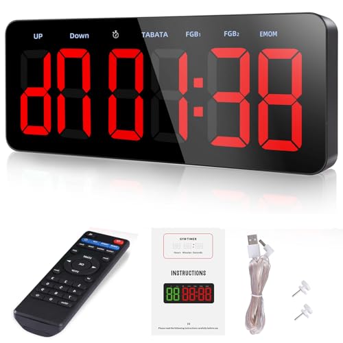 PELLOR Upgraded Gym Timer Clock for FBG/EMOM/Tabata, Interval Timer with Function Modes Display, Countdown/Up Stopwatch Clock for Sports,Home Gym,Yoga,Boxing,Garage,Office,Classroom - color: Red-red