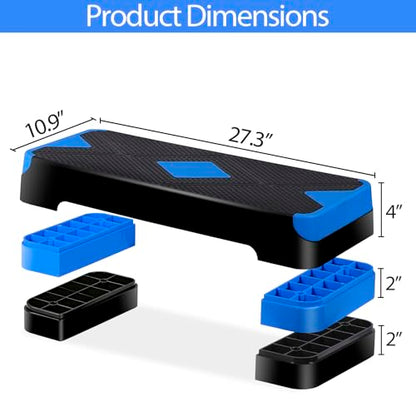 Non-Slip 27 Inch Aerobic Exercise Step Platform 4"-6"-8" Height Adjustable Risers for Home Gym Cardio Training Fitness Workout Stepper Trainer - color: Blue