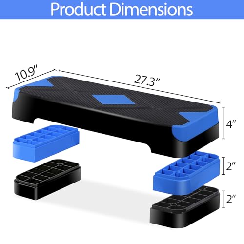 Non-Slip 27 Inch Aerobic Exercise Step Platform 4"-6"-8" Height Adjustable Risers for Home Gym Cardio Training Fitness Workout Stepper Trainer - color: Blue