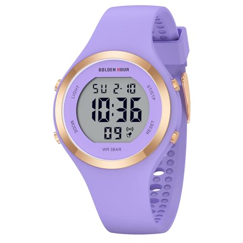 GOLDEN HOUR Waterproof Sport Women's Digital Chronograph Silicone Strap Watch - color: Purple