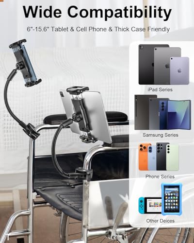 Gooseneck Spin Bike Tablet Holder [Large Clamp] [Thick Case Friendly] Treadmill Tablet Mount for Exercise Bike, Stationary Bicycle, Stroller, Wheelchair for iPad Pro Air Mini, Galaxy, iPhone (6-15.6”)