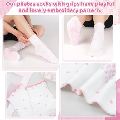 Cute Pilates Socks with Grips for Women Cotton Ruffle Yoga Sock - color: Red+pink+black+grey