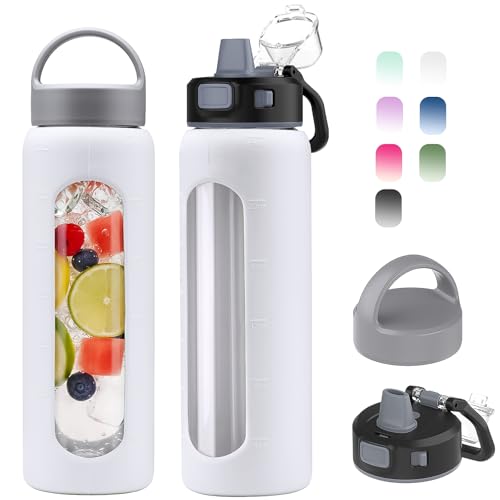 Kodrine 24oz Glass Water Bottle With Straw and 2 Lids, White - color: White, size: 24 Ounces