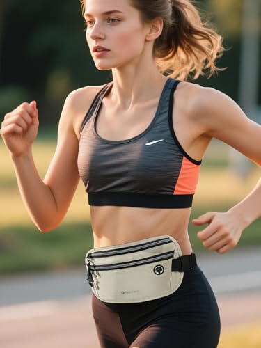 Slim Running Belt for Women Men Runners Fanny Packs With Phone Holder Hidden Pockets Exercise Waist Bag for Marathon Workout - color: Beige/T2085