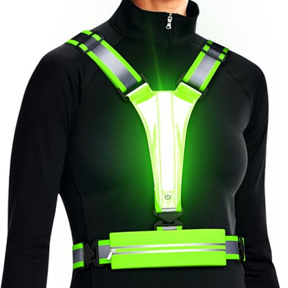 LED Reflective Vest Running Gear, USB Rechargeable Light Up Running Vest Chest Phone Holder for Runners Night Walking - color: Green