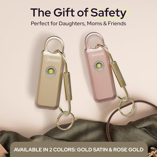 Personal Safety Alarm Keychain for Women, 130dB, LED Light, Gold Satin - color: Gold Satin