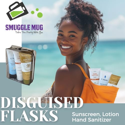 Smuggle Mug Lotion Flasks 3 Pack | TSA Approved 100ml Tubes and Clear Quart Zipper Bag | Lid Seals and Funnel Included | Disguised Containers for Cruise, Beach, and Festival | Total of 10 oz | Secret