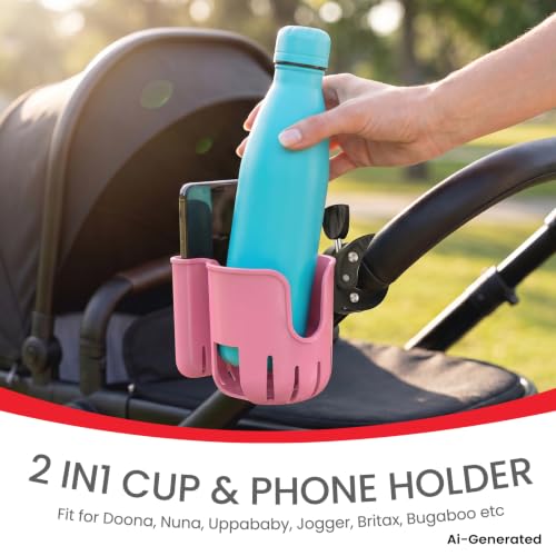 2-in-1 Universal Stroller Cup Holder with Phone Holder - Pink