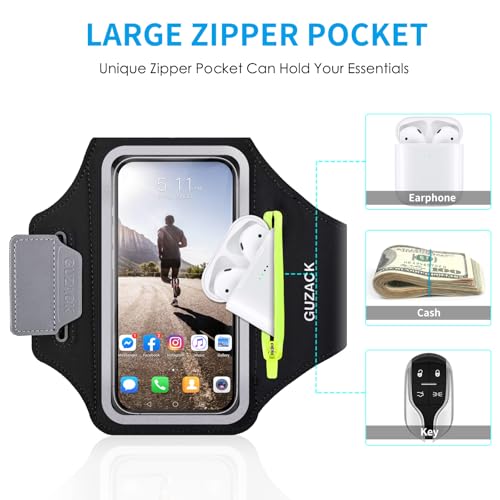 GUZACK Running Armband for iPhone 17 16 15 14 13 Pro Max, Galaxy S25 S24 S23 S22, with Card Slot & Key Pockets, Running Phone Holder, Fit Up to 6.9 Inches Phone - Size L (Bigger Arm 14-17 in) - color: Green Zipper (Up to 6.9"), size: L