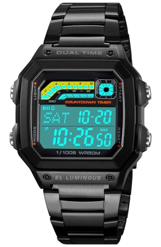 PASOY Men's Digital Sport Watch Waterproof Dual Time Stopwatch Countdown - color: Black B