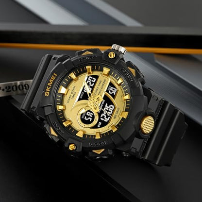 FANMIS Men's Analog Digital Sports Watch 50M LED Backlight Military Watch - color: Black Gold