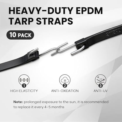 ROBLOCK 15" Bungee Cords with Hooks with 150% Max Stretch, 100% EPDM Rubber Tarp Straps with Metal Crimped S Hooks, Ideal for Securing Tarps, Cargo, Canvases, Weatherproof (10 Pack) - size: 15 Inch(pack of 10)