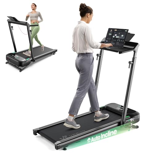 UREVO Foldimix 5L Auto Incline 12% Walking Pad with AI App, Adjustable Handlebar & Multifunctional Desk, Quiet Motorized - color: Carbon Black