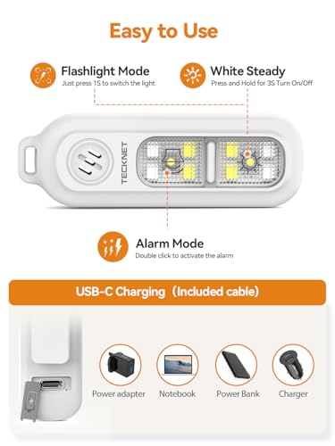 TECKNET Personal Safety Alarm 135dB with SOS Strobe Light for Women - Rechargeable& IPX4 Waterproof Running Lights with Clip On Torch & Low Battery Notice, Safety Siren for Running, Travel Kids, Wihte - color: White