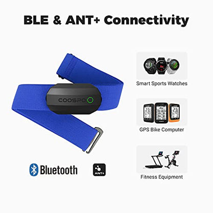 COOSPO Bluetooth Heart Rate Monitor Chest Strap H808S, ANT+ BLE HR Monitor Chest, HRM IP67 Waterproof, 300H Battery Life - color: Black Blue
