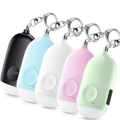 Personal Alarm Siren 5-Pack - 130dB Self Defense Alarm Keychain, Rechargeable with Emergency LED Flashlight - White, Touch Control - color: White&Pink&Blue&Black&Green