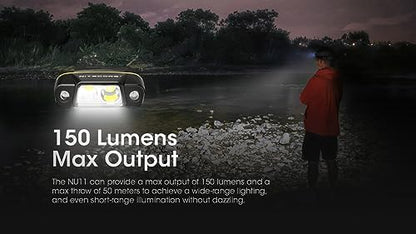 Nitecore NU11 Clip-On Cap Light and Headlamp, 150 Lumen Bright, USB-C Rechargeable, 90 Degree Adjustable for Fishing Camping and Work with Hands-Free Motion Sensor, White and Red LEDs and Sticker