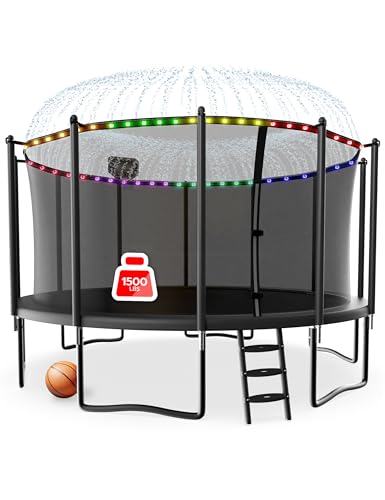 LHX 8 10 12 14 15 16FT Tranpoline Outdoor 1500LBS with Basketball Hoop, Light and Sprinkler, Large Heavy Duty Round Recreational Tranpoline for Kids and Adults for Family Backyard Fun, ASTM Approved - color: Black, size: 15 FT