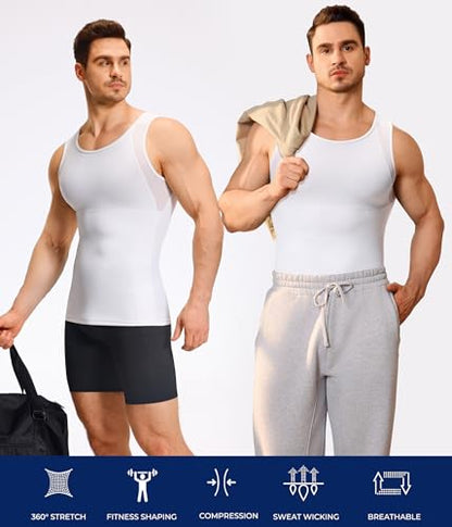 TAILONG Mens Compression Shirt Tank Top Undershirt Shapewear Slimming Body Shaper Vest Mesh Workout Shirts - color: White, size: XX-Large