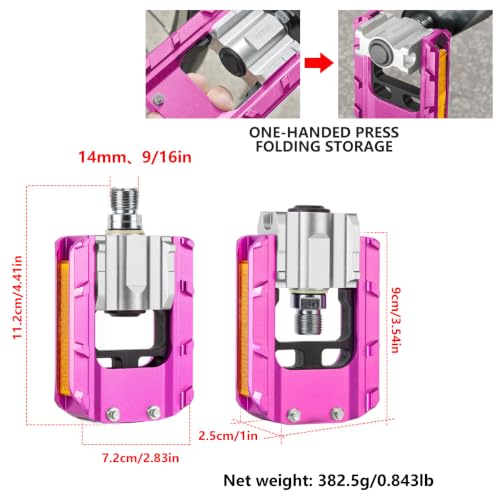 Folding Bike Pedals, All Aluminum Alloy Non-Slip Bike Pedals - color: Rose Red