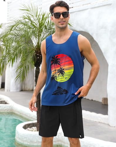 uideazone Mens Beach Tank Tops Summer Graphic Sleeveless Workout Shirt - color: Blue Black, size: XX-Large
