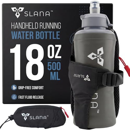 Handheld Running Water Bottle 18 oz – Grip-Free Collapsible Water Bottles for Running with Adjustable Strap & Thumbhole, Expandable Phone Pocket, Race Cap for One-Hand Drinking - color: Grey