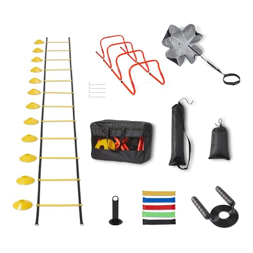 Amazon Basics Sports Agility Ladder Speed Training Equipment Set, 20ft Ladder, 4 Hurdles, 12 Cones, Parachute, Jump Rope, 5 Resistance Bands