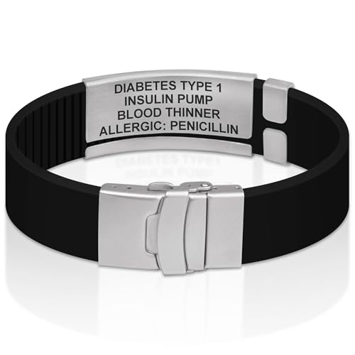 Divoti Custom Dual-Sided Engraved Silicone Medical Alert ID Wristband w/Security Clasp & Trim-to-Fit Band - Style - color: True Black / Brushed Stainless Silver / Red, size: Band Width - 19mm