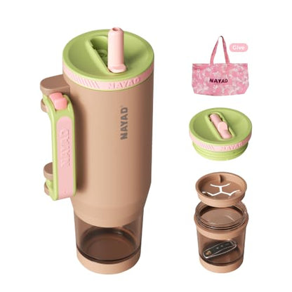 23oz Insulated Tumbler with Foldable Handle & 10oz Snack/Pill Container - color: Light brown