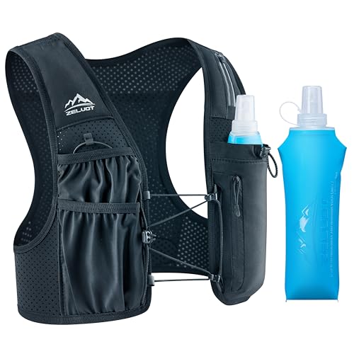 Zelvot Running Vest for Women Men, US Patent, Adjustable Chest Straps Running Hydration Vest with 500ml Soft Flask, Lightweight Reflective Hydration Backpack for Marathon - color: Black, size: X Small-Small (1 Soft Flask)