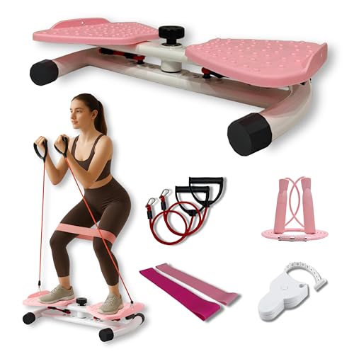 Ultra-Quiet Waist Twisting Exercise Bundle - Ab Twister Board With 2 Resistance Bands, 1 Length Adjustable Jump Rope, an Automatic Waist Measuring Tool and Workout Guide - Made with ABS/PP Plastic Foot Pedals and a Steel Base - High Durability - Workout B