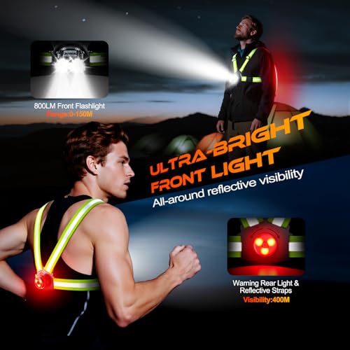 ISEYOU 800LM Running Lights for Runners, 6+2 Modes Running Light with Rear Light, IPX5 Waterproof, 45° Adjustable Tilt Rechargeable 360° Reflective Running Gear for Cycling/Jogging, 4-25Hrs Runtime