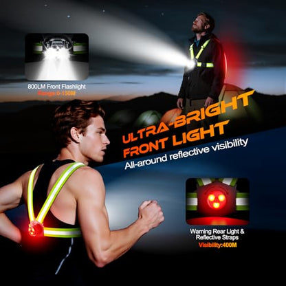 ISEYOU 800LM Running Lights for Runners, 6+2 Modes Running Light with Rear Light, IPX5 Waterproof, 45° Adjustable Tilt Rechargeable 360° Reflective Running Gear for Cycling/Jogging, 4-25Hrs Runtime