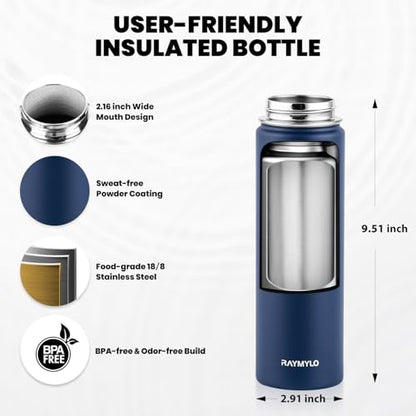RAYMYLO Insulated Water Bottle 20 oz, Triple Wall Vacuum Stainless Steel - color: Dark Blue, size: 20 Ounces