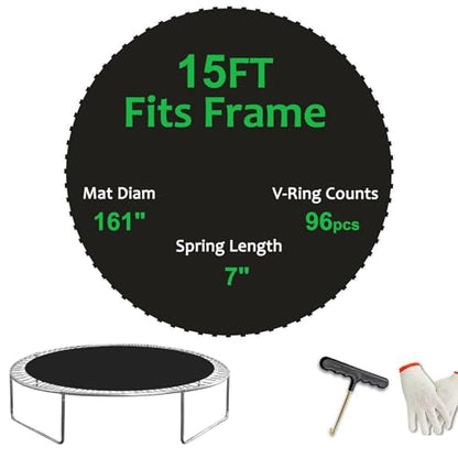 Replacement Trampoline Mat，Heavy-Duty, UV-Resistant & Durable Bounce Pad for 12/14/15ft Round Trampolines - Perfect for Safe & Fun Jumping - size: 15FT|161" Diam|96 V-Rings|Fits 7" SpringsLength