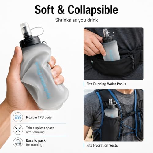 Soft Flask Collapsible Water Bottle, BPA-Free TPU Folding Hydration Flask with Dust Cover for Trail Running, Hiking & Cycling (25, Fluid Ounces)