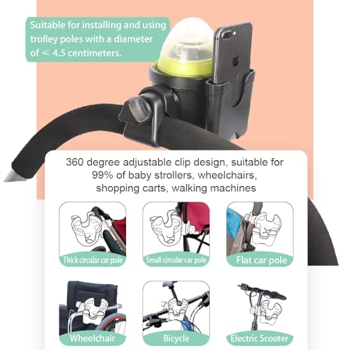 Wheelchair Cup Holder with Phone Holder, 360° Rotatable Adjustable Cup Holder for Walker Stroller Wheelchair Accessories, 2-in-1 Cup Holder Fits Folding & Rolling Walkers Seniors & Elderly