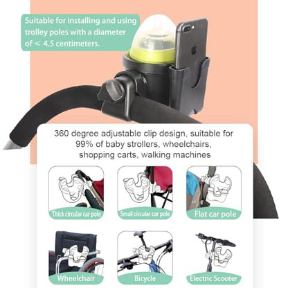 Wheelchair Cup Holder with Phone Holder, 360° Rotatable Adjustable Cup Holder for Walker Stroller Wheelchair Accessories, 2-in-1 Cup Holder Fits Folding & Rolling Walkers Seniors & Elderly