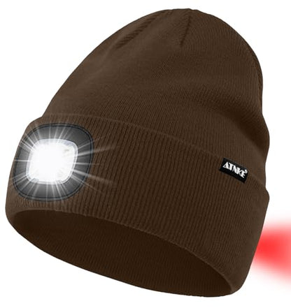ATNKE LED Lighted Beanie Hat,USB Rechargeable 8 LED Red Glow Flashing Alarm Running Headlamp Cap Gifts for Men and Women - color: #Coffee