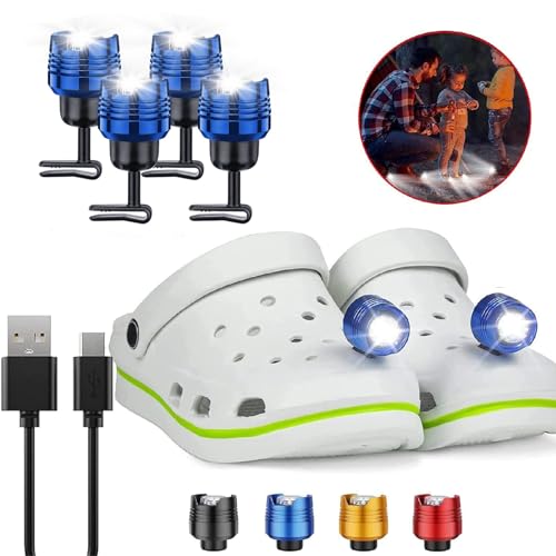 4 Pcs Rechargable Blue Headlights for Crock, Outdoor Waterproof LED Flashlight for Shoes, Clip on Crock Light Attachment Charm, Accessories for Camping, Cycling, Walking, 3 Light Modes, Last 72 Hours - color: Blue, size: 4 PCS